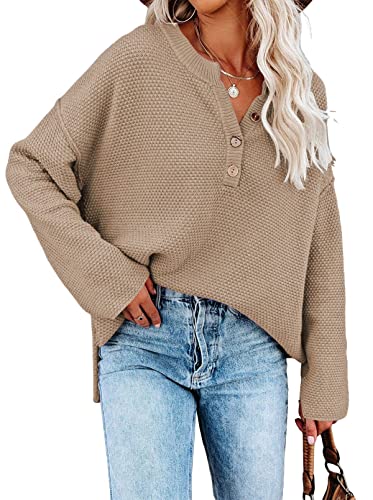 Viottiset Damen V-Ausschnitt Knopf Pullover Übergroß Batwing Langarm Henley Strick Outfit Top Jumper Lässig Khaki L von Viottiset