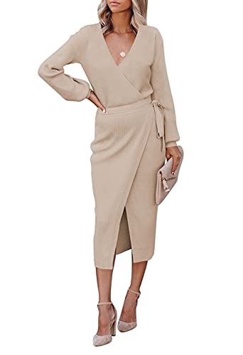 Viottiset Damen V-Ausschnitt Strick Wickel Midikleid Pullover Elegante Langarm Tunika Schlitz Gürtel Sexy Khaki Mittel von Viottiset