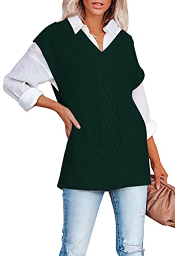 Viottiset Damen V-Ausschnitt Strickpullover Weste Ärmelloser Pullover Einfarbig Stylisches Vintage Top 01 Grün Groß von Viottiset