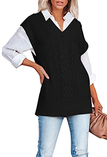 Viottiset Damen V-Ausschnitt Strickpullover Weste Ärmelloser Pullover Einfarbig Stylisches Vintage Top 01 Schwarz Mittel von Viottiset