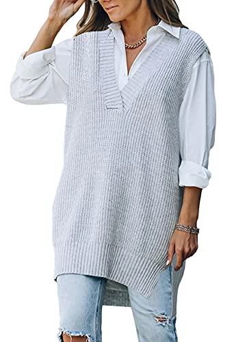 Viottiset Damen V-Ausschnitt Strickpullover Weste Ärmelloser Pullover Einfarbig Stylisches Vintage Top Grau X-Large von Viottiset