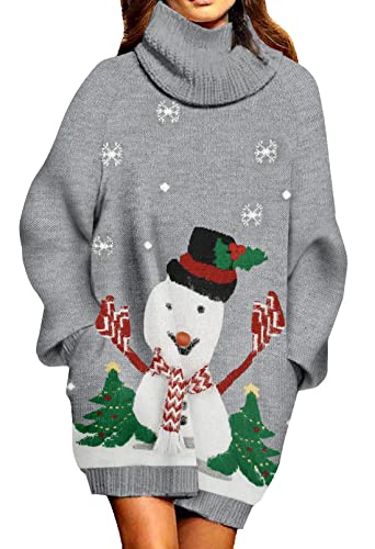 Viottiset Damen Weihnachten Übergroßes Pulloverkleid Rollkragen Gerippt Grobstrick Gestrickt Hellgrauer Schneemann S von Viottiset