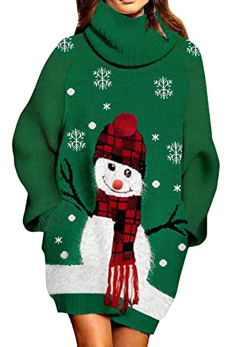 Viottiset Damen Weihnachten Übergroßes Pulloverkleid Rollkragen Gerippt Grobstrick Gestrickt Lockeres Dunkelgrün S von Viottiset
