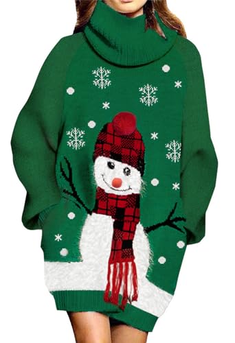 Viottiset Damen Weihnachten Übergroßes Pulloverkleid Rollkragen Gerippt Grobstrick Gestrickt Lockeres Dunkelgrün XL von Viottiset