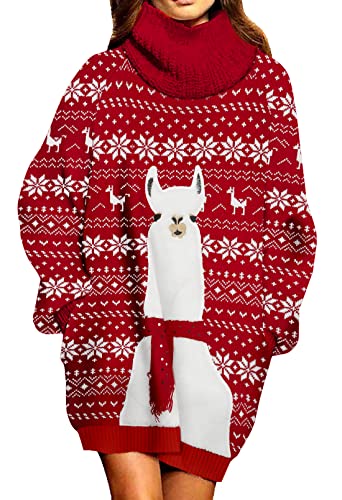 Viottiset Damen Weihnachten Übergroßes Pulloverkleid Rollkragen Gerippt Grobstrick Gestrickt Lockeres Dunkelrot 02 L von Viottiset