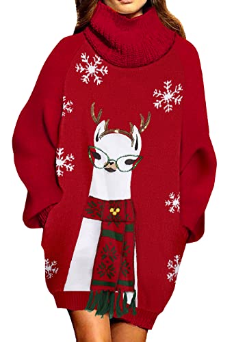 Viottiset Damen Weihnachten Übergroßes Pulloverkleid Rollkragen Gerippt Grobstrick Gestrickt Lockeres Rot-Alpaka XL von Viottiset