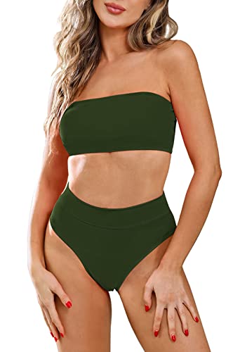 Viottiset Damen Zweiteilig Bandeau Top Bikini Set Hoher Taille Badeanzug Abnehmbare Träger Push Up Padded Armeegrün 3XL von Viottiset