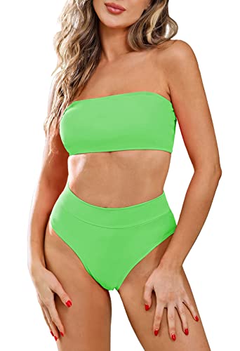 Viottiset Damen Zweiteilig Bandeau Top Bikini Set Hoher Taille Badeanzug Abnehmbare Träger Push Up Padded Grün 3XL von Viottiset