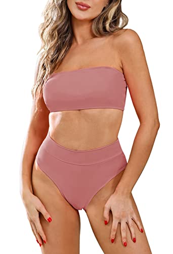 Viottiset Damen Zweiteilig Bandeau Top Bikini Set Hoher Taille Badeanzug Abnehmbare Träger Push Up Padded Rosa 2XL von Viottiset