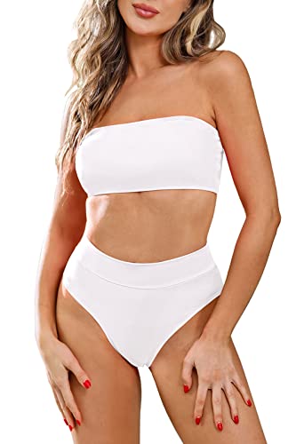 Viottiset Damen Zweiteilig Bandeau Top Bikini Set Hoher Taille Badeanzug Abnehmbare Träger Push Up Padded Weiß 2XL von Viottiset