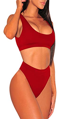 Viottiset Damen Zweiteilige Bikini Set Badeanzug Crop Top Hohe Taille Bademode Strandkleidung Push Up Sommer Rot S von Viottiset