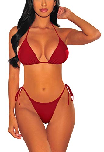 Viottiset Damen Zweiteilige Neckholder Bikini Set Triangel Strand Badeanzug Kordelzug Sexy Bademode String Sommer Rot L von Viottiset