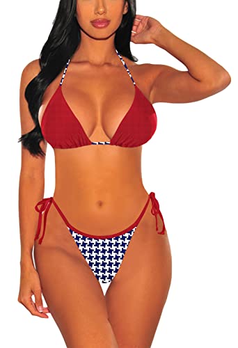 Viottiset Damen Zweiteilige Neckholder Kordelzug Bikini Set Triangel Strand Badeanzug Sexy Bademode Bandage Rubin Mittel von Viottiset
