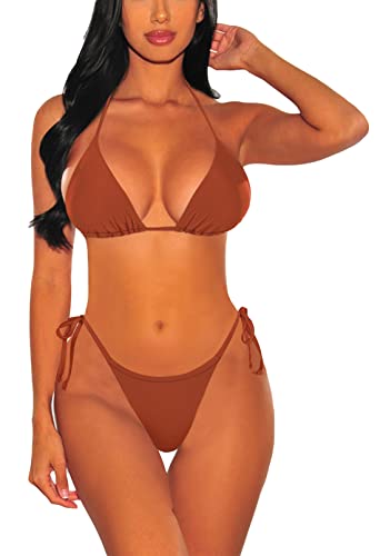 Viottiset Damen Zweiteilige Neckholder Kordelzug Bikini Set Triangel Strand Badeanzug Sexy Bademode Gebranntes Orange Mittel von Viottiset