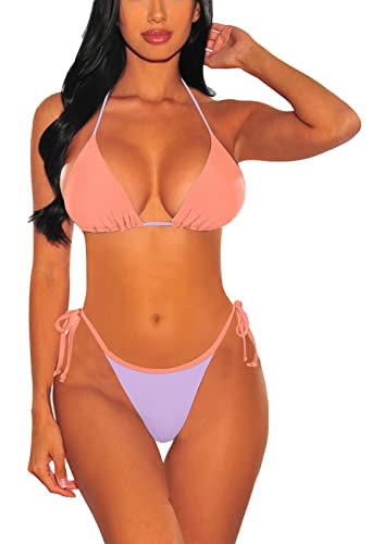 Viottiset Damen Zweiteilige Neckholder Kordelzug Bikini Set Triangel Strand Badeanzug Sexy Bademode Helles Lila Klein von Viottiset