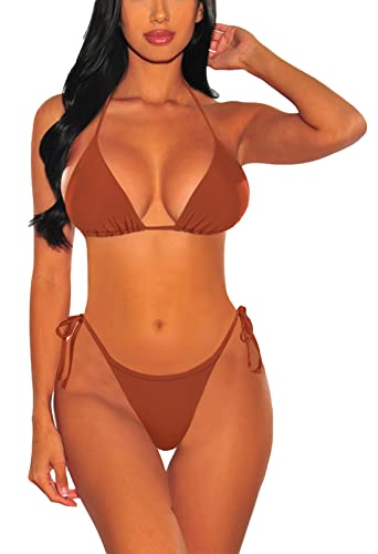 Viottiset Damen Zweiteilige Neckholder Kordelzug Bikini Set Triangel Strand Badeanzug Sexy Bademode Gebranntes Orange X-Large von Viottiset