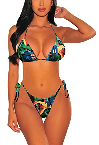 Viottiset Damen Zweiteilige Neckholder Kordelzug Bikini Set Triangel Strand Badeanzug Sexy Bademode Süß Türkis X-Large von Viottiset