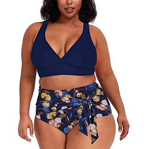 Viottiset Damen Zweiteiliges Bikini Set Bauchkontrolle Übergröße Hoch Tailliert Frecher Badeanzug 02 Blau XX-Large von Viottiset