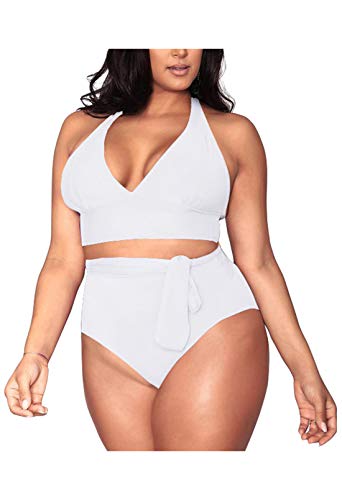 Viottiset Damen Plus Size Einfarbig Bikini Set Bademode Triangle Sexy Hohe Taille Verstellbaren Trägern Weiss XX-Large von Viottiset