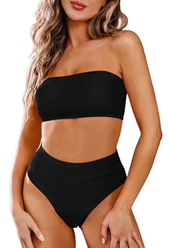 Viottiset Bandeau Top Damen Bikini Set High Waist Badeanzug mit Abnehmbare Träger S Schwarz von Viottiset