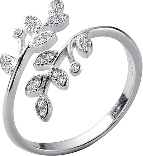 Vipfashion797 925er Silber Ring Damen – Offener Verstellbarer Ring mit Zirkonia in Blattform – Filigraner Schmuck für Frauen – Minimalistisches Design von Vipfashion797