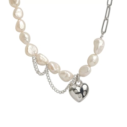 Vipfashion797 Perlenkette Damen 925 Sterling Silber mit Herzanhänger – Silberne Gliederkette & Barockperlen – Vintage Halsschmuck für Frauen & Mädchen Vipfashion797 Perlenkette Damen 925 Sterling Silber mit Herzanhänger – Silberne Gliederkette & Barockperlen – Vintage Halsschmuck für Frauen & Mädchen von Vipfashion797