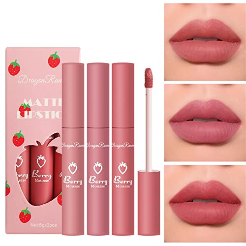 3-teiliges Erdbeer-Matt-Lippenstift-Set, Lippenstift 24 Stunden Halt, Langanhaltender Flüssiger, Wasserfester Lippen Tint, Feuchtigkeitsspendende, Kein Körniges Gefühl Lipstick, Geschenk für Frauen von Vipomkowa