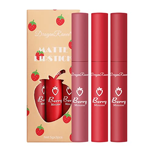 3-teiliges Erdbeer-Matt-Lippenstift-Set, Lippenstift 24 Stunden Halt, Langanhaltender Flüssiger, Wasserfester Lippen Tint, Feuchtigkeitsspendende, Kein Körniges Gefühl Lipstick, Geschenk für Frauen von Vipomkowa