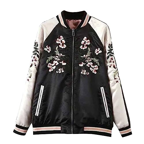 Viport Damen Bomberjacke Floral Phoenix Embroidered Reversible Bomberjacke Schwarz Rot, Schwarz , S von Viport