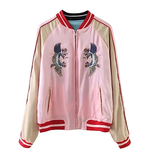 Viport Damen Wendejacke Kranichtiger Fujiyama Stickerei Bomberjacke Japanischer Stil Pink Blau - Schwarz - Small von Viport