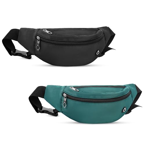 Viqueen Modische Bauchtaschen für Damen und Herren, faltbare Umhängetasche mit Reißverschluss und Taschen, wasserabweisend, freihändiges Tragen des Handys, Schwarz/Grün, 2er-Pack Hüfttasche mit 4 von Viqueen
