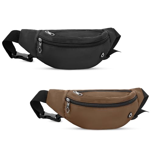 Viqueen Modische Bauchtaschen für Damen und Herren, faltbare Umhängetasche mit Reißverschluss und Taschen, wasserabweisend, freihändiges Tragen des Handys, Schwarz / Braun, 2er-Pack Hüfttasche mit 4 von Viqueen