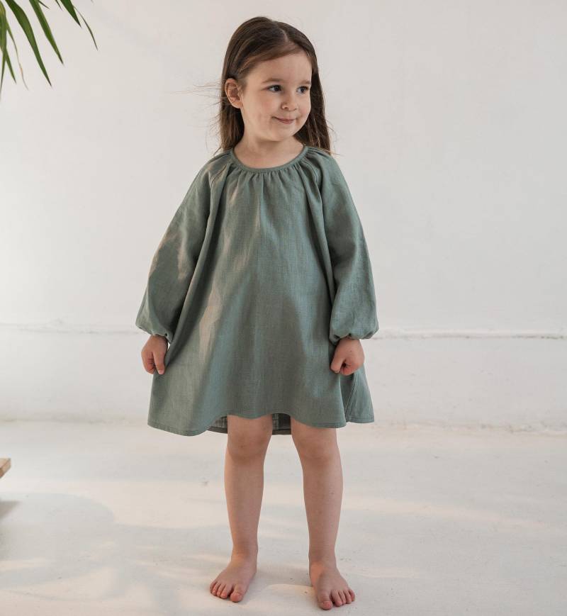 Sage Grün Langarm Nessel Leinen Mädchenkleid, Casual Herbst-Winter-Kleid Für Kinder, Geschenk Die Tochter von ViraApparel