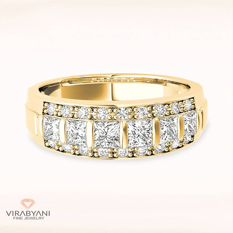 0, 90 Ctw Princess & Round Cut Diamant Hochzeitsband - 14K/18K Massive Gelbgold | Bar Set 3Reih Trauring von VirabyaniFineJewelry