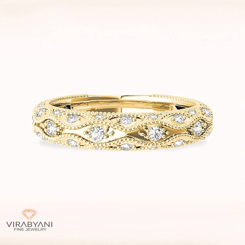0.70 Ct. Diamant Vintage 3/4 Jubiläum Band 14K/18K Massiv Gelbgold | Pave Set Ring Milgrain Art Deco Design von VirabyaniFineJewelry