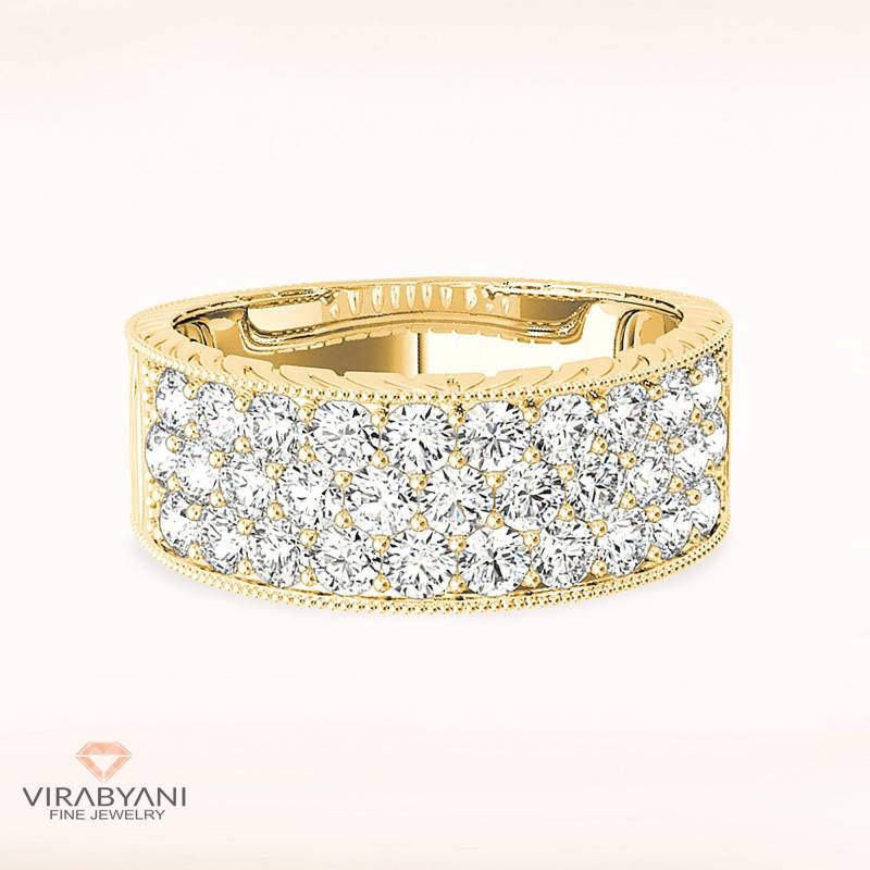 1.50 Ctw Dreireihige Diamant Hochzeitsband - 14K/18K Massive Gelbgold | Pave Set Jubiläum Ring Milgrain Design von VirabyaniFineJewelry