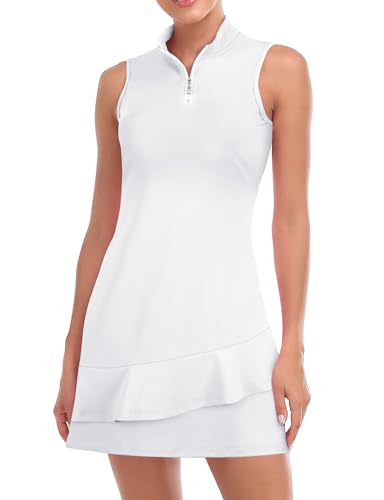 Viracy Tenniskleid für Damen, ärmellos, mit Shorts und Taschen, Rüschen, Reißverschluss, Stehkragen, Golf-Outfits, reines Weiß, Groß Viracy Tenniskleid für Damen, ärmellos, mit Shorts und Taschen, Rüschen, Reißverschluss, Stehkragen, Golf-Outfits, reines Weiß, Groß von Viracy