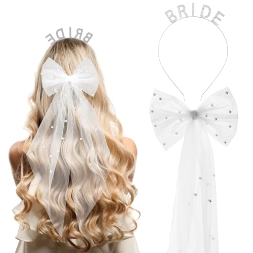 VireEyU 2er-Set Braut Haarschmuck Schleifen-Streamer mit Strass, Hochzeits-Stirnband, Glitzernde Tiara für Braut, Party & Brautparty-Dekoration, Geschenk für die Hochzeit von VireEyU