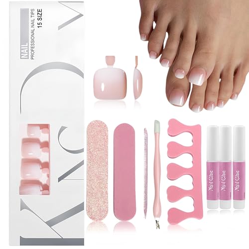 120 Stück Falsche Fußnägel Kit, Gradient Zehennägel zum Aufkleben, 15 Größen Artificial Toe Nagel Tips für Frauen Maniküre DIY, Glänzende Fake Nails Mit Voller Deckkraft (Nude Pink Gradient) von Virellay