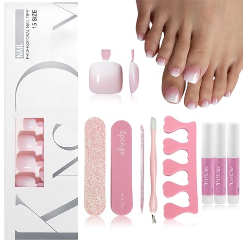 120 Stück Falsche Fußnägel Kit, Gradient Zehennägel zum Aufkleben, 15 Größen Fake Nails für Frauen Maniküre DIY, Glänzende Artificial Toe Nagel Tips Mit Voller Deckkraft (Rosa Weiß Gradient) von Virellay