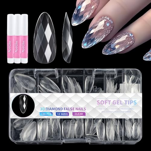 120 Stück Nageltips Mandel - Durchsichtig Rautenförmig Nageltips für Gelnägel - Künstliche Nägel Zum Aufkleben mit 3 Nagelkleber - Full Cover Nagel Tips Set Nagelverlängerung für Damen Mädchen (A) von Virellay