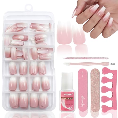 120PCS Nude Pink Gradient Fake Nails mit Nagelkleber -12 Größen Ballerina Mittel Press On Nails - Schöne Nägel kunstnägel zum aufkleben - Geeignet für Damen DIY Nageldesign (Coffin Rosa Gradient) von Virellay
