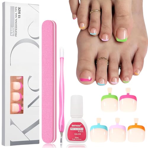 150 Pcs French Fußnägel zum Aufkleben - Regenbogenfarbene kurze süße Falsche Zehennägel - 5 Farben French Tip Press on Nail Beach Zehen Nägel für Frauen von Virellay