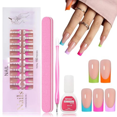150 Stück French Tip Press on Nägel - 5 Farben Lange eckige Falsche Nägel - Kein Feilen Erforderlich, Vorgefertigte Fake Nail für DIY Nageldesign - Glänzender Kunstkleber für Frauen und Mädchen von Virellay