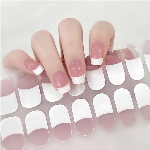 22 Stück French Nagelfolien UV Härtend - Rosa & Weiß Tip Nagellack Aufkleber - Halbgehärtete Nagelfolie Selbstklebend - Full Cover Gel Nagelfolien Für UV Lampe - Gel Nail Strips Für Frauen Nagelkunst von Virellay