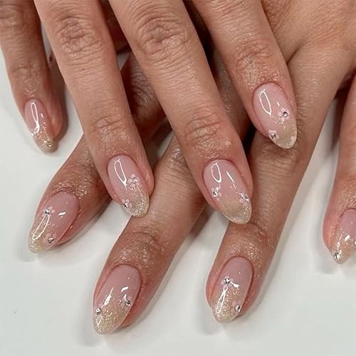 24 PCS Künstliche Nägel French Short Almond Nude Nail Pieces Full Coverage Nail Tips mit weißem Rand Design für Frauen und Mädchen Nail Art (Green Flower) von Virellay