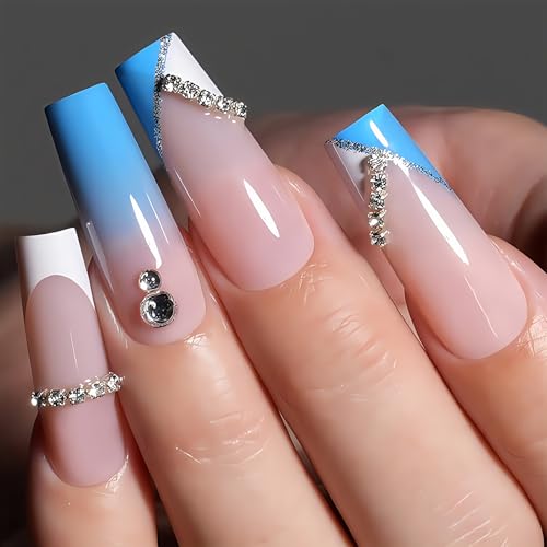 24 Pcs Press on Nails Lang - Blau Weiß Nägel Zum Aufkleben French - Künstliche Fingernägel Tip mit 3D Strassstein Design - Sargform Full Cover Kunstnägel French Nails für Frauen (Blue White) von Virellay