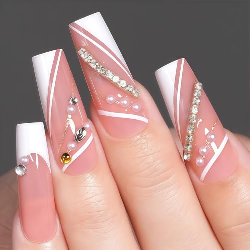 24 Pcs Press on Nails Lang - Nude Nägel Zum Aufkleben French - Künstliche Fingernägel mit 3D Strassstein, Weiß Linie Design - Coffin Elegant Kunstnägel French Nails für Frauen (Line Rhinestone) von Virellay