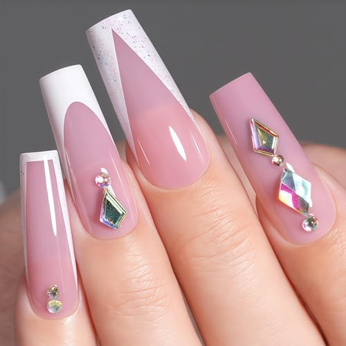 24 Pcs Press on Nails Lang - Rosa Weiß Nägel Zum Aufkleben French - Künstliche Fingernägel mit 3D Diamant, Bunte Dot Design - Sargform Full Cover Kunstnägel French Nails Tip für Frauen (Pink Diamond) von Virellay