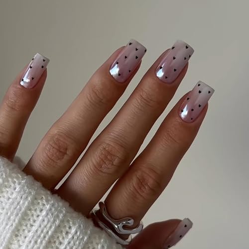 24 Stück Falsche Nägel Zum Aufkleben - Kurz Quadratische Rosa Weiß Aurora Künstliche Nägel mit Schwarz Heart Design - Glänzend Fake Nails Vollflächige für Frauen Maniküre DIY von Virellay